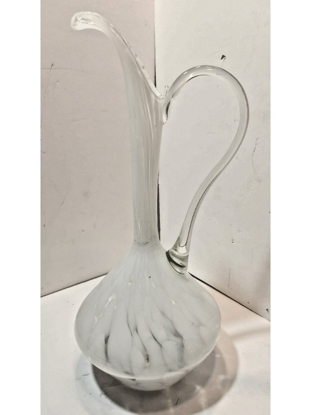 Vintage Rare Hand Blown Glass Swung Pitcher Vase 14" Clear & White MCM Abstract